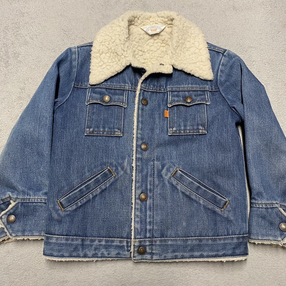 Vintage Levis Sherpa Lined Denim Jacket Youth Boys 10 Orange Tab USA Trucker